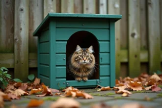 Abri chat extérieur en bois isolé avec chat tigré regardant par l'ouverture dans un jardin automnal