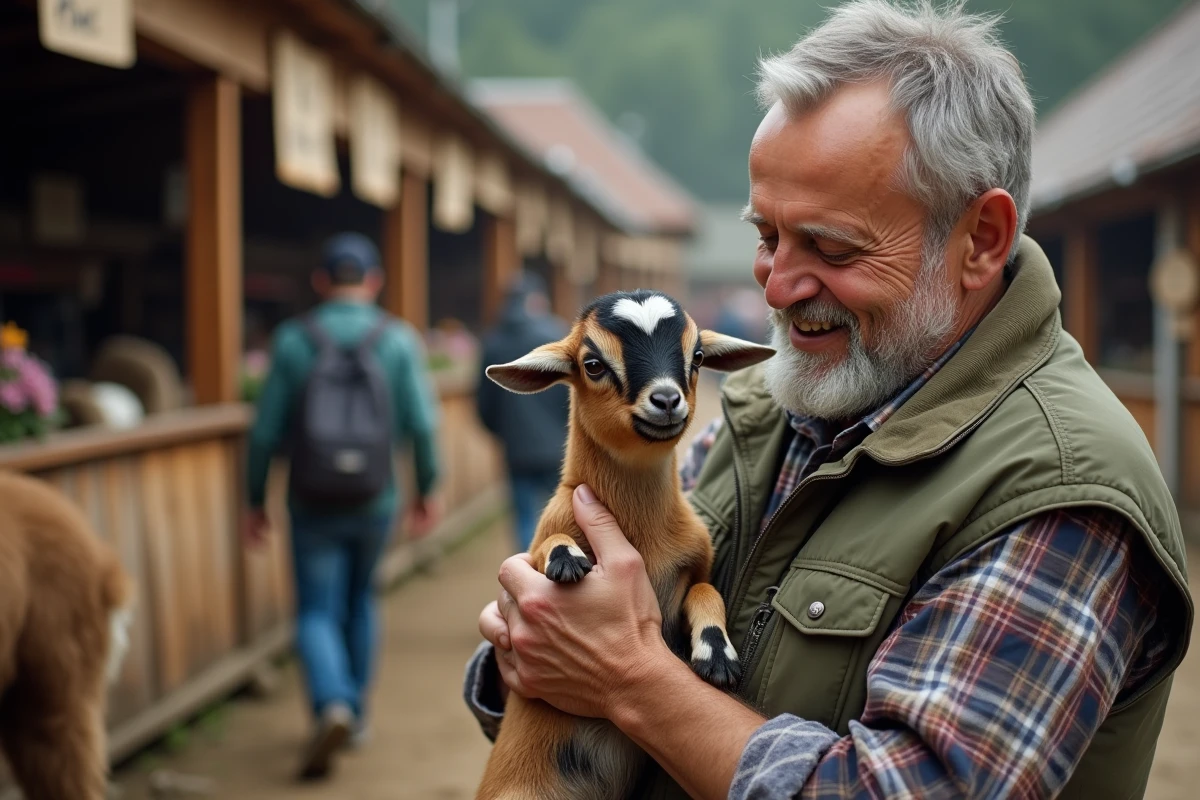 Agriculteur tenant une chèvre naine dans un marché d'animaux avec des étiquettes de prix visibles en arrière-plan