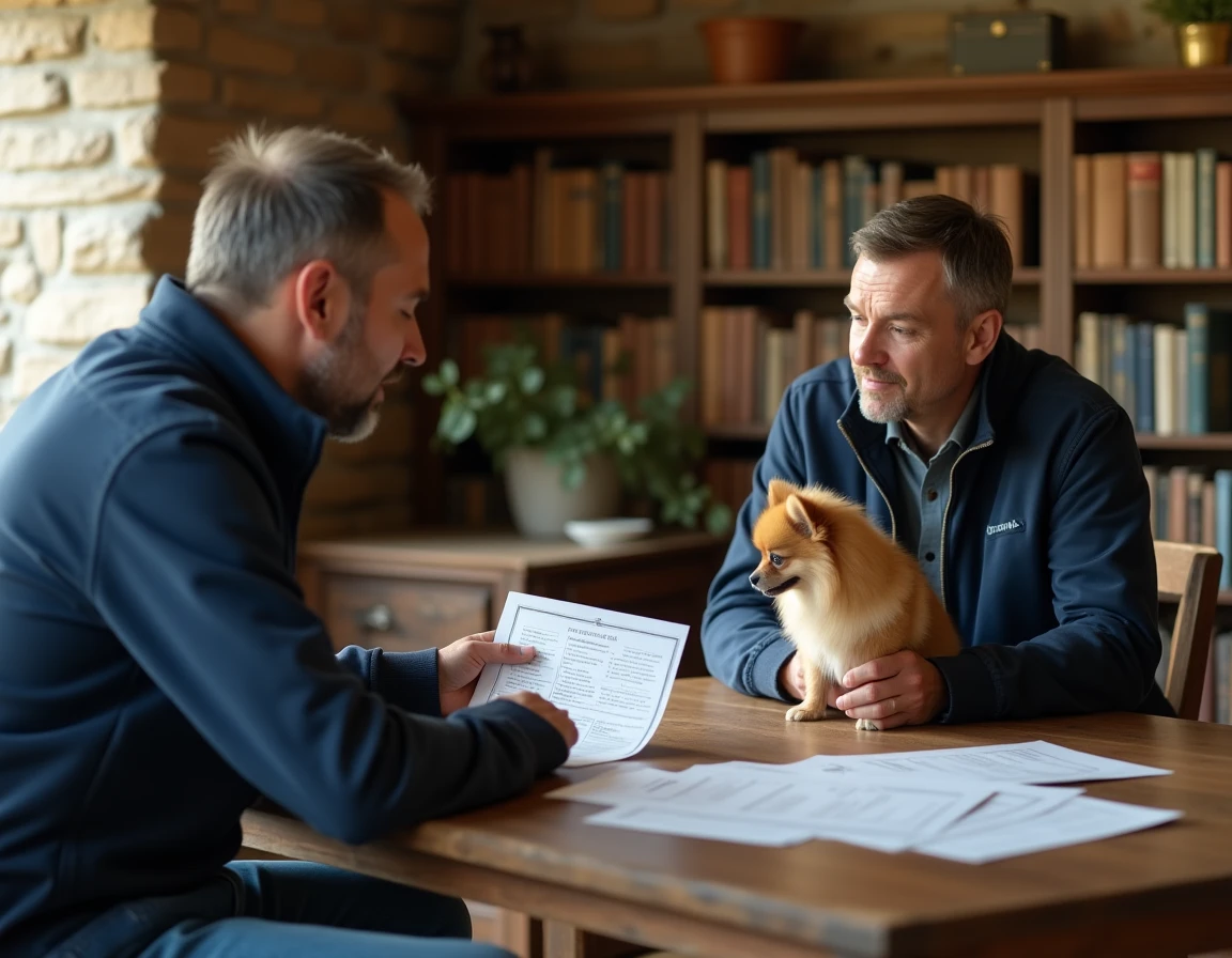 Acheteur vérifiant les documents d'un chien Boo Poméranien chez un éleveur sérieux