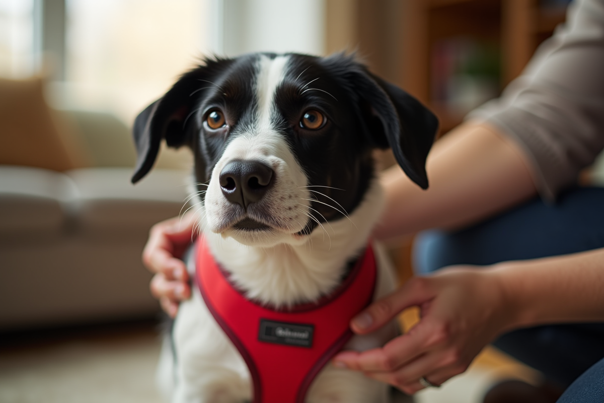 Mains ajustant un harnais Yshaped rouge sur un chien noir et blanc à la maison