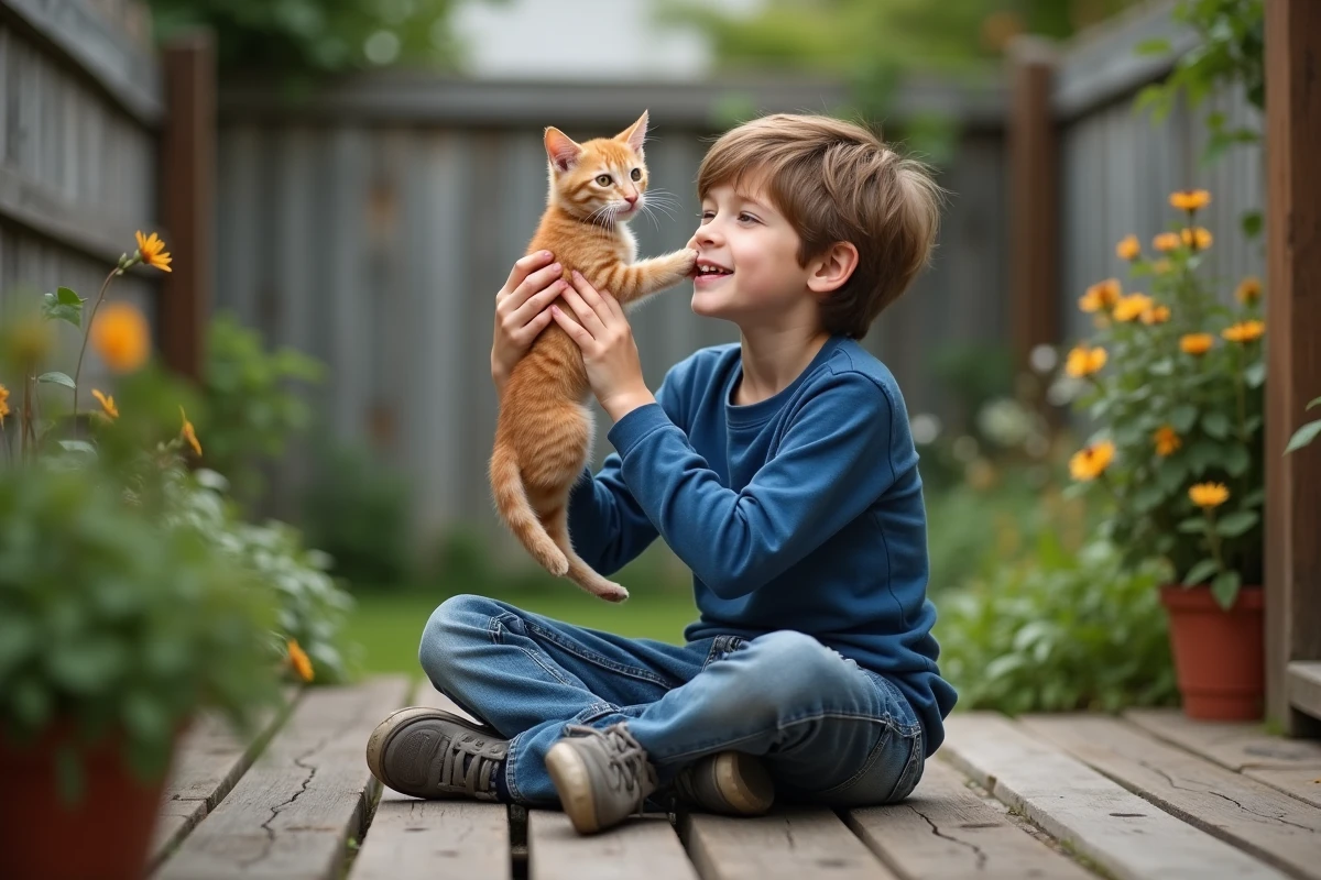 Adolescent jouant avec un chaton ginger en extérieur