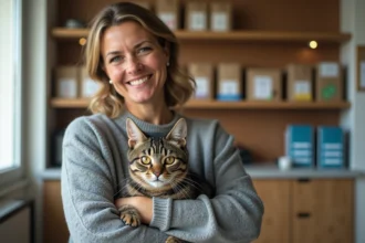 Femme tenant un chaton dans une association d'adoption de chats à Grenoble