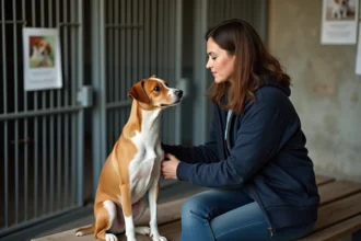 Femme bénévole en refuge animalier près de Langon caressant un petit chien adulte assis sur un banc en bois