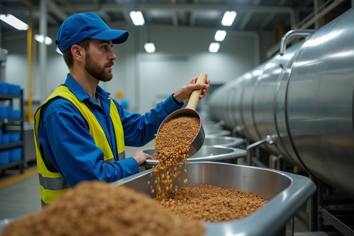 Jeune homme versant ingrédients dans un grand mixeur industriel