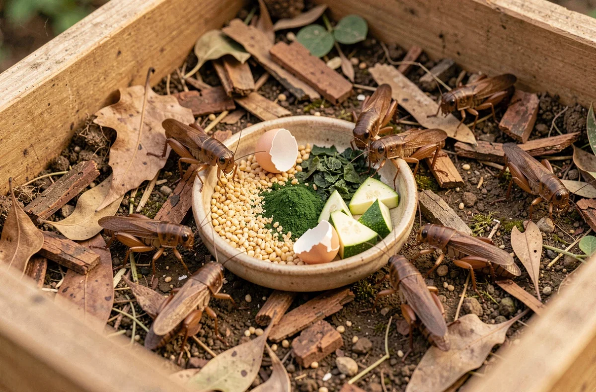 Bol de nourriture varié pour grillons posé dans un enclos extérieur en bois, montrant les aliments essentiels pour favoriser la reproduction maximale des grillons