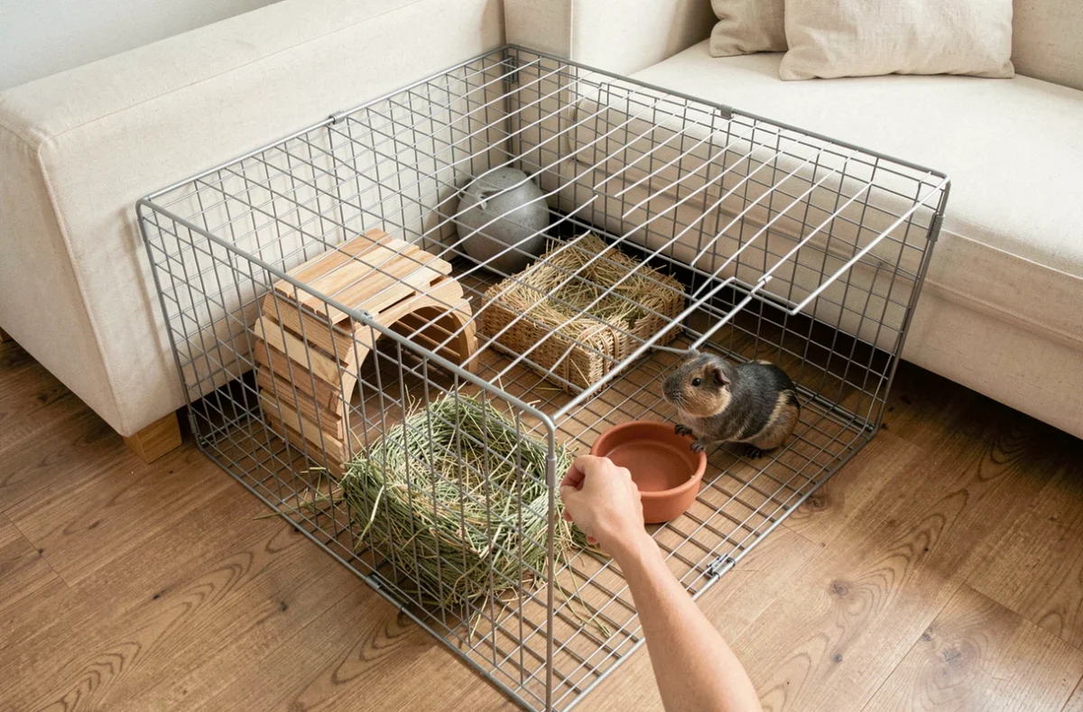 Aménagement d'un enclos C&C pour cochon d'Inde Skinny avec tunnel en bois et râtelier à foin
