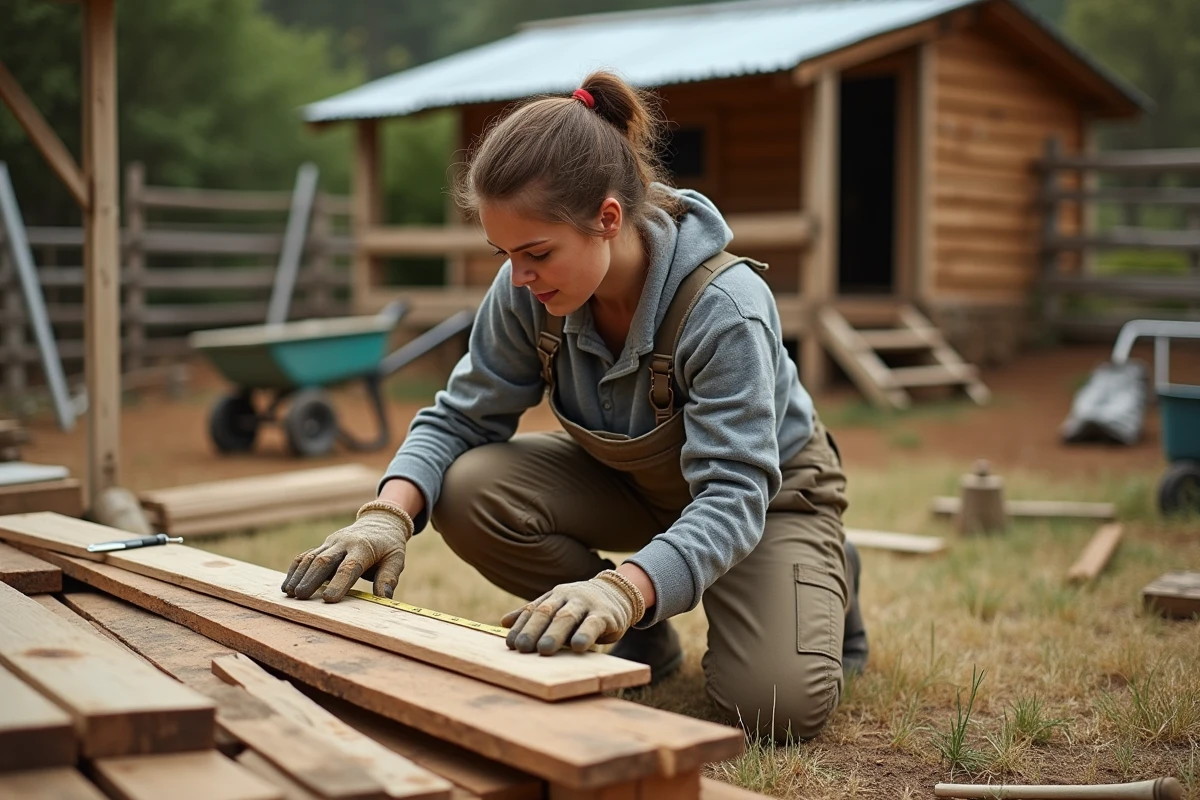 Femme mesurant des planches en bois pour construire un abri pour chèvres naines dans un jardin rural