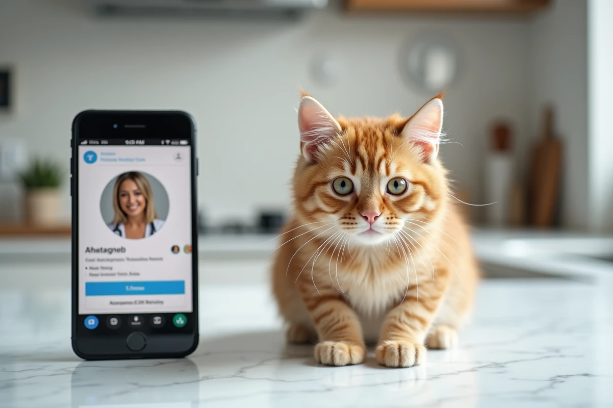 Application de télémédecine vétérinaire sur smartphone avec un chat orange sur un comptoir de cuisine