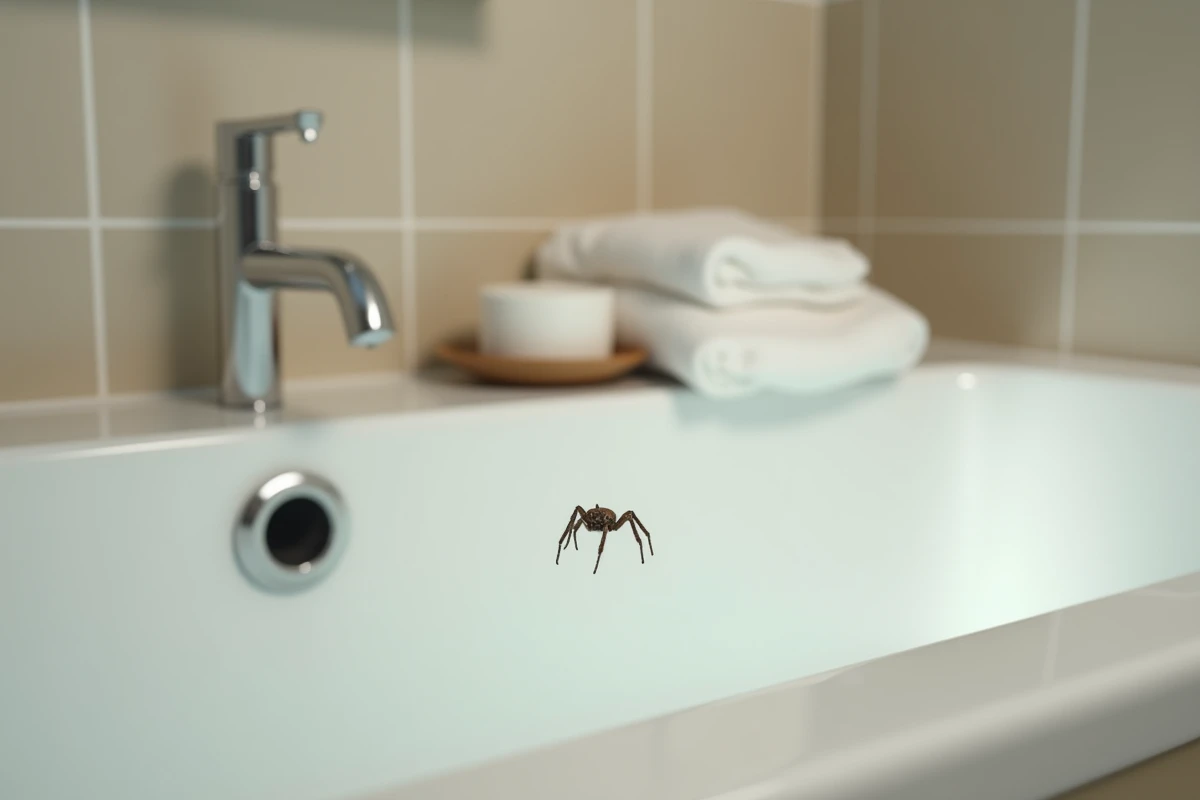 Petite araignée grise au fond d'une baignoire blanche près du siphon dans une salle de bains