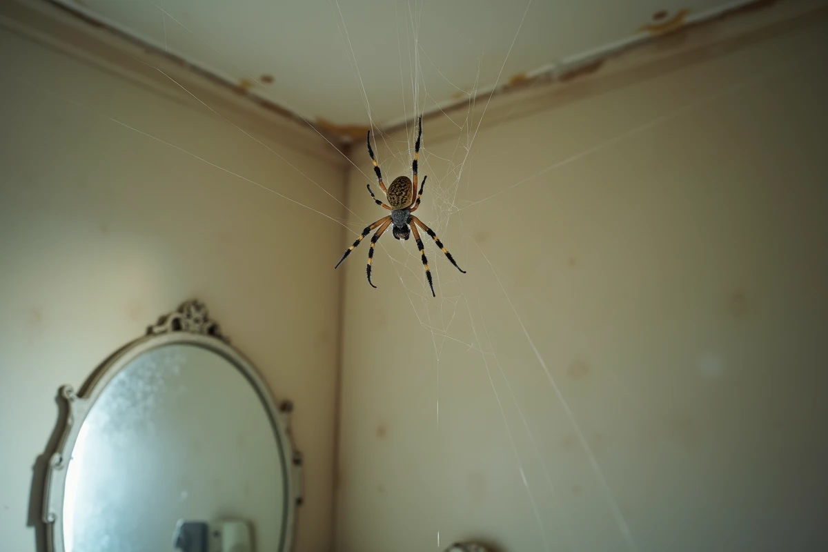 Araignée tissant sa toile dans le coin du plafond d'une salle de bains au-dessus d'un lavabo