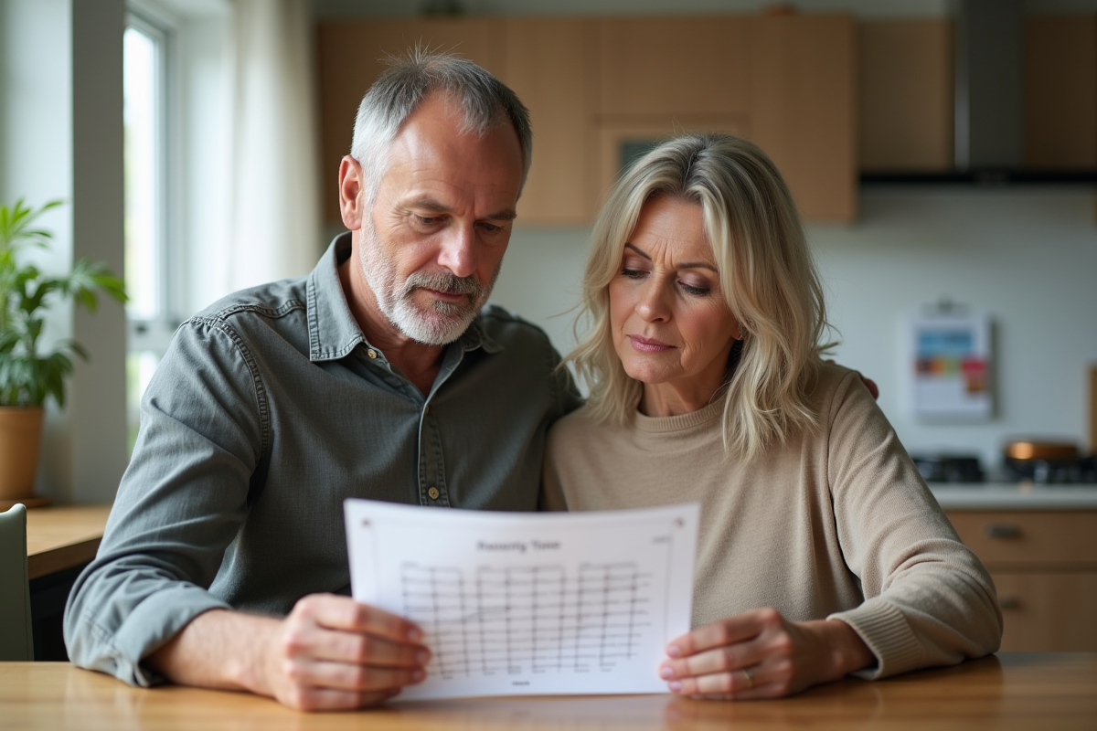 Couple examine un arbre généalogique dans la cuisine