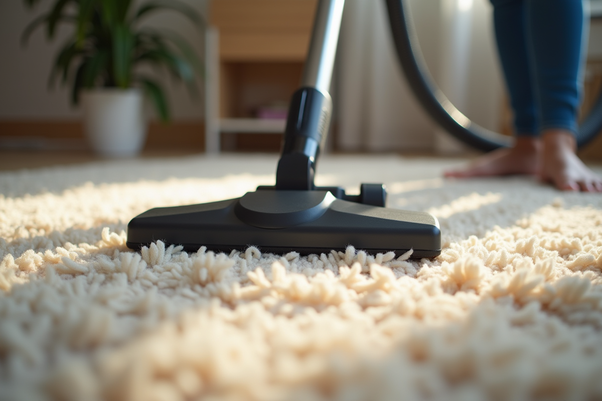 Mains utilisant un aspirateur pour nettoyer un tapis cosy