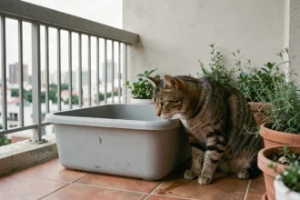 Bac à litière pour chat placé sur un balcon extérieur en carrelage terracotta avec un chat tigré curieux
