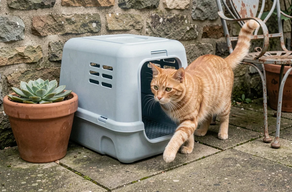 Chat roux sortant d'un bac à litière couvert installé sur une terrasse extérieure en dalles de béton