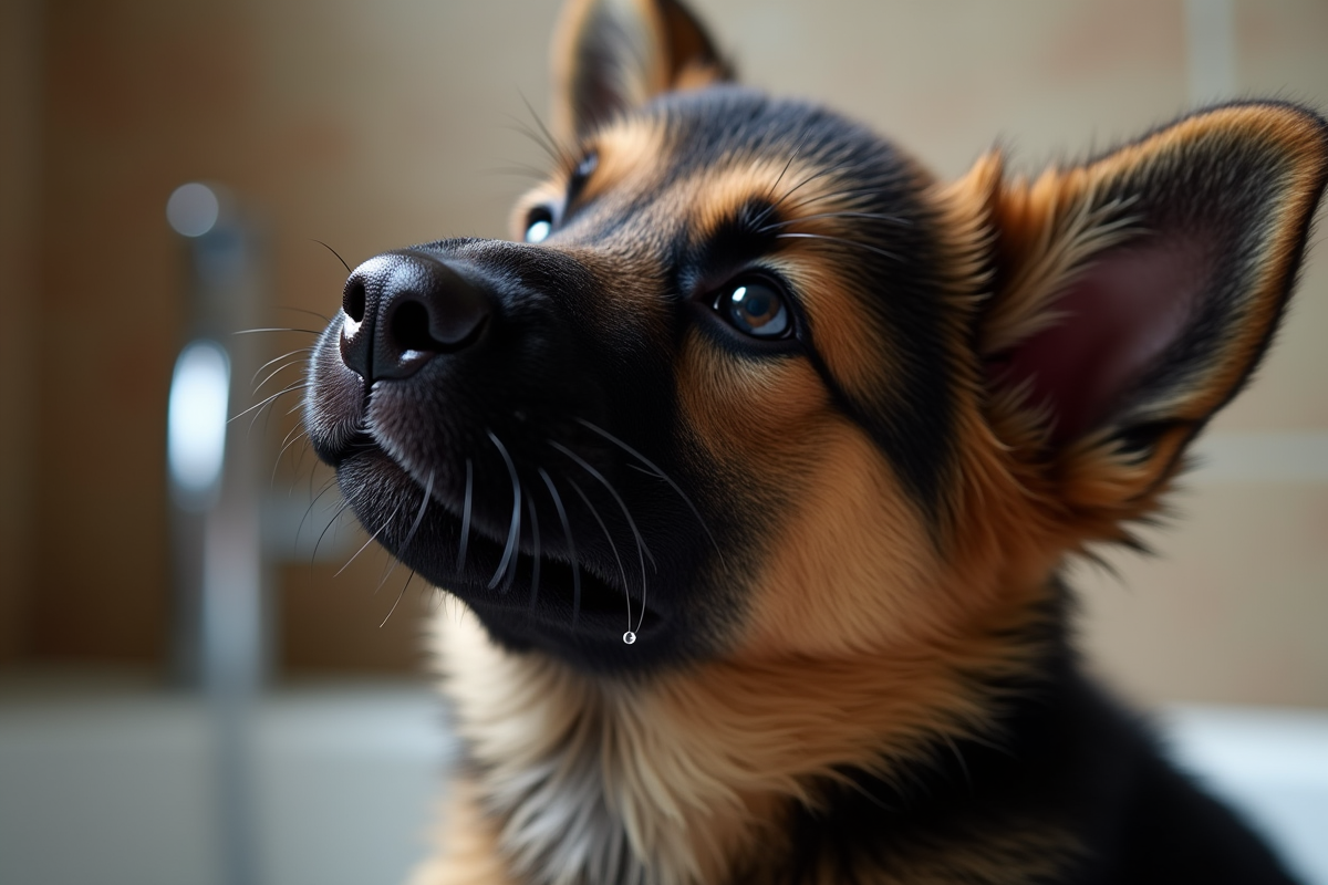 Gros plan d un chiot berger allemand sous la douche