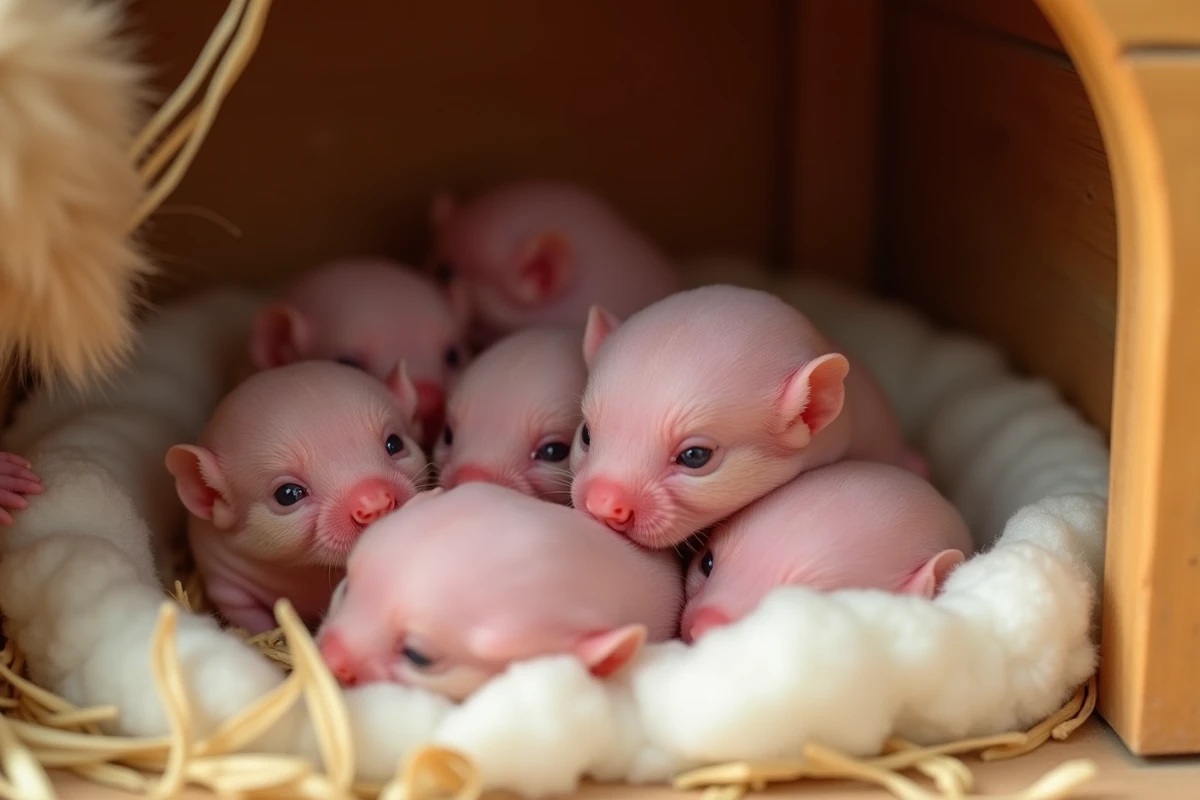 Portée de bébés hamsters nouveau-nés dans leur nid après la mise bas réussie