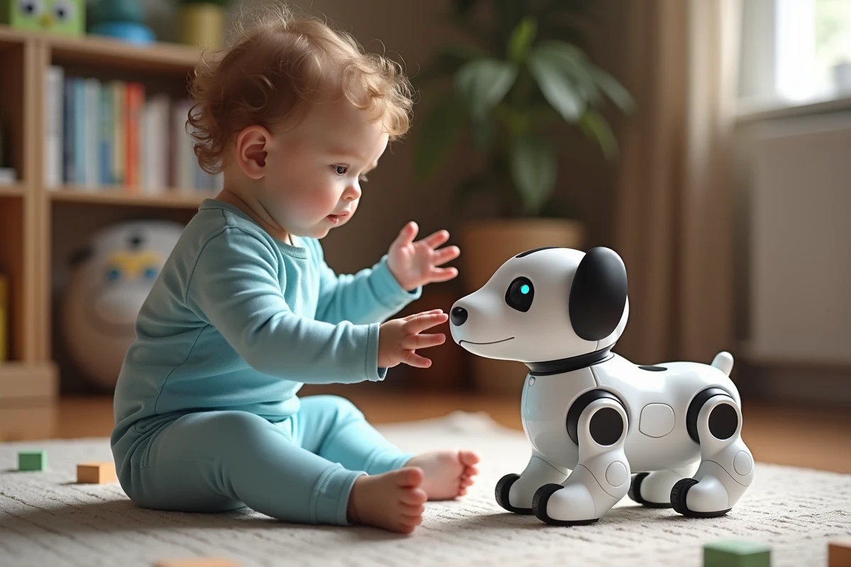 Tout-petit touche un robot chien dans un salon chaleureux
