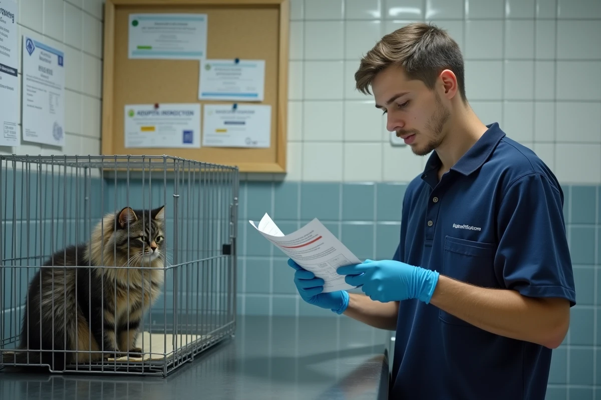 Bénévole d'une association sérieuse vérifiant le carnet de santé d'un chat à Grenoble
