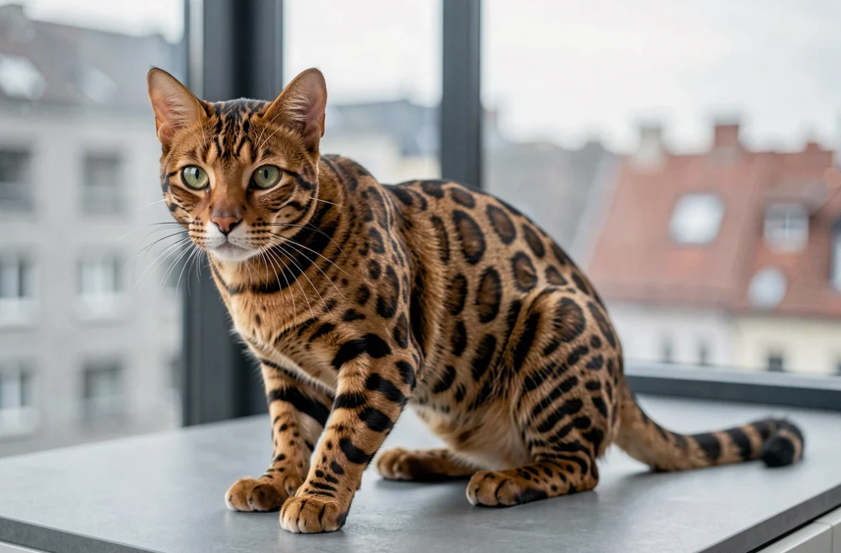 Chat Bengal aux rosettes dorées et aux yeux verts intenses dans un appartement contemporain de Strasbourg, avec une vue floue sur les toits de la ville