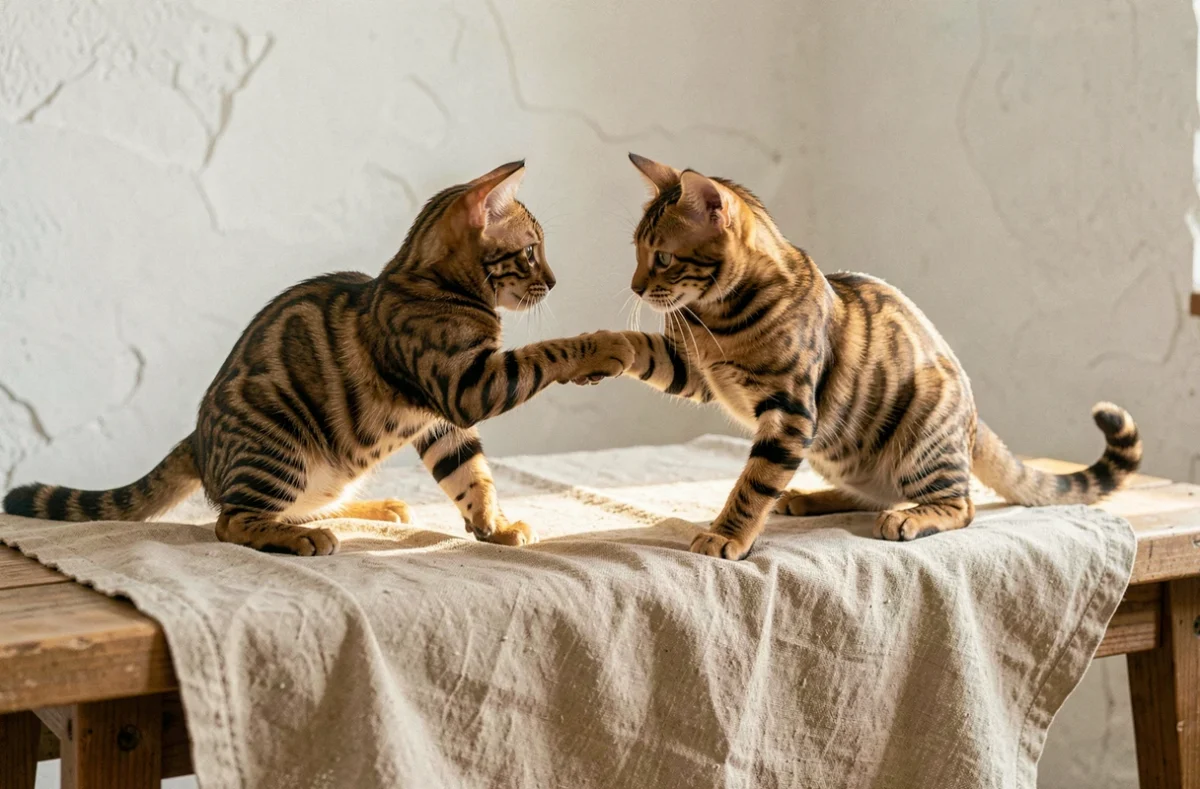 Deux chatons Bengal aux robes marbrées et tachetées jouant sur une couverture en lin dans une maison du Haut-Rhin, reflets sauvages caractéristiques de la race visibles