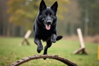 Berger allemand noir en plein saut lors d'un parcours d'agility en plein air sur terrain herbeux
