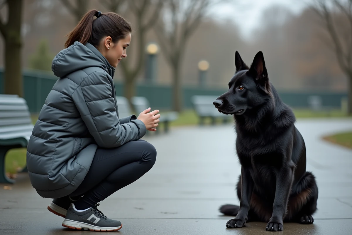 Berger allemand noir assis en position d'attention face à sa maîtresse lors d'un entraînement d'obéissance dans un parc urbain