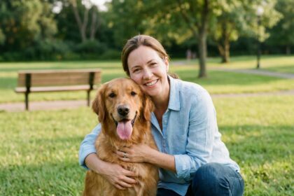 Femme souriante avec son golden retriever en bonne santé dans un parc, illustrant le bien-être du chien et l'importance d'une assurance santé animale