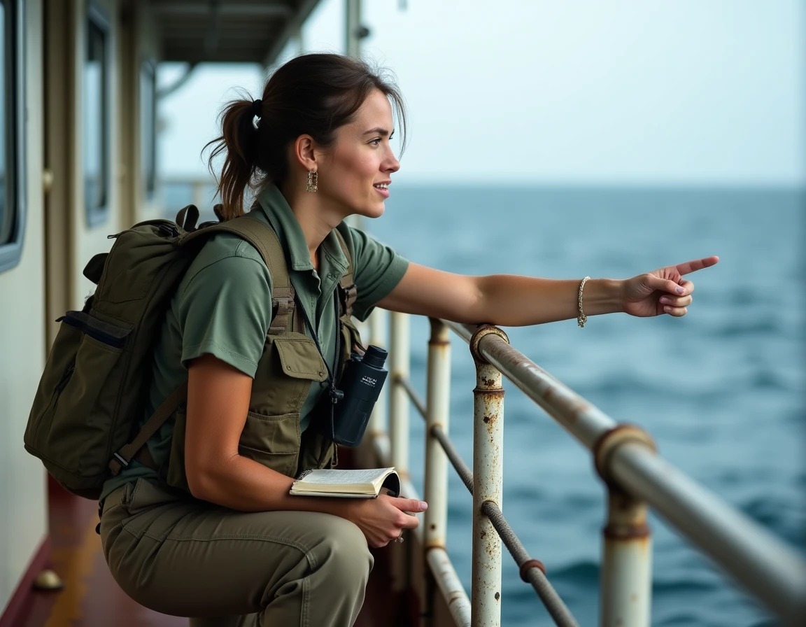 Biologiste de terrain sur un bateau de recherche en conservation pointant vers l'océan, illustrant la quête des animaux les plus rares au monde