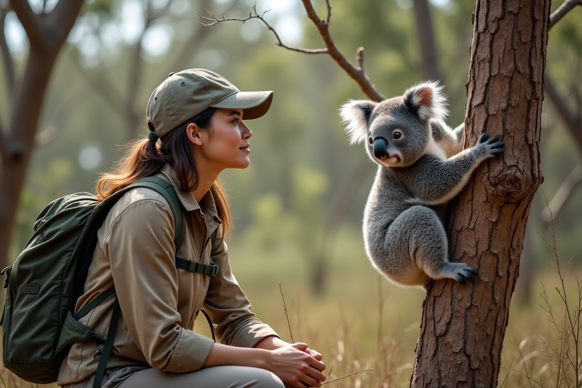 Jeune biologiste observant un koala dans la forêt australienne