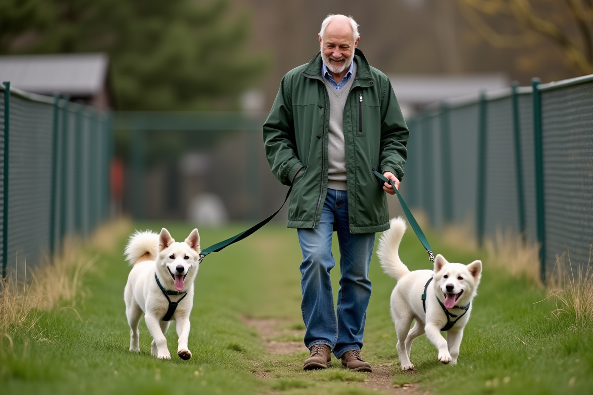 Bénévole promène deux chiens dans une cour extérieure
