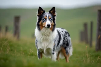 Border Collie Bleu Merle en plein air avec ses caractéristiques taches marbrées grises et noires et ses yeux vairons