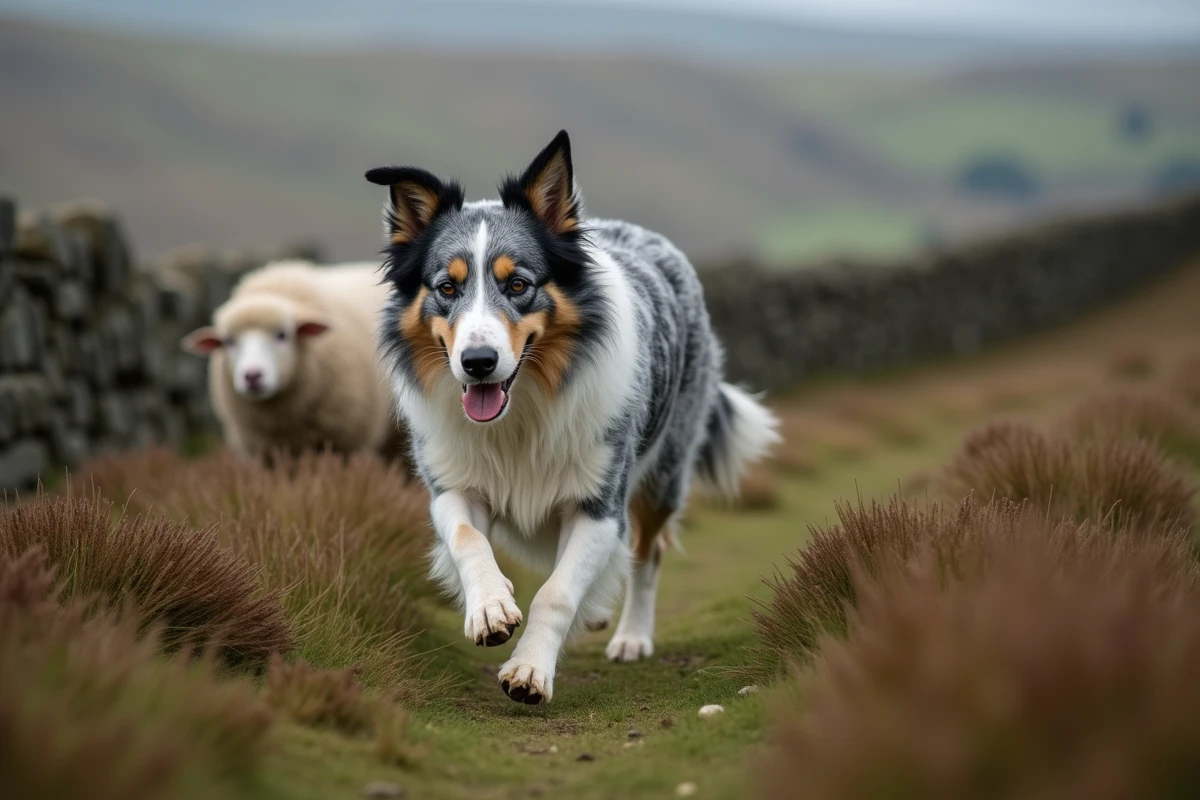 Border Collie Bleu Merle au travail sur une ferme en train de rassembler des moutons dans un paysage de campagne