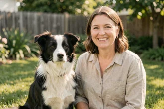 Border Collie poil ras assis aux côtés d'une femme souriante dans un jardin familial verdoyant