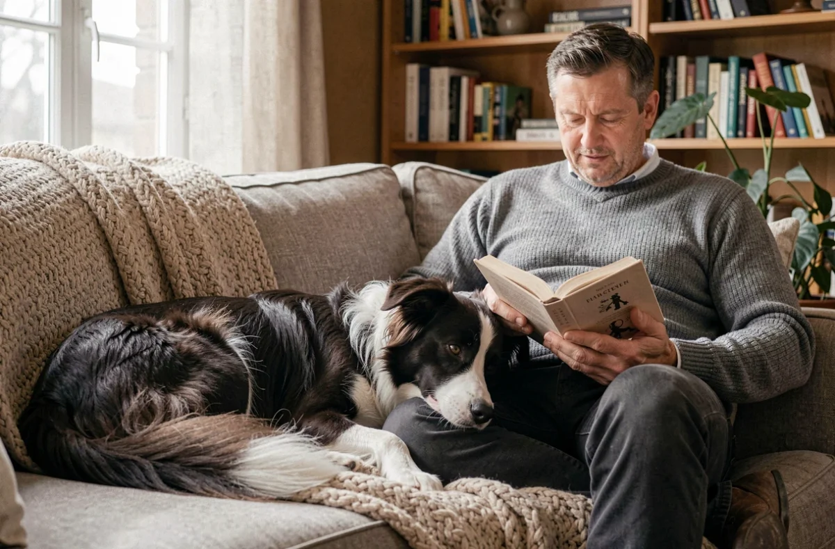 Border Collie poil ras allongé sur un canapé avec son propriétaire dans un salon chaleureux