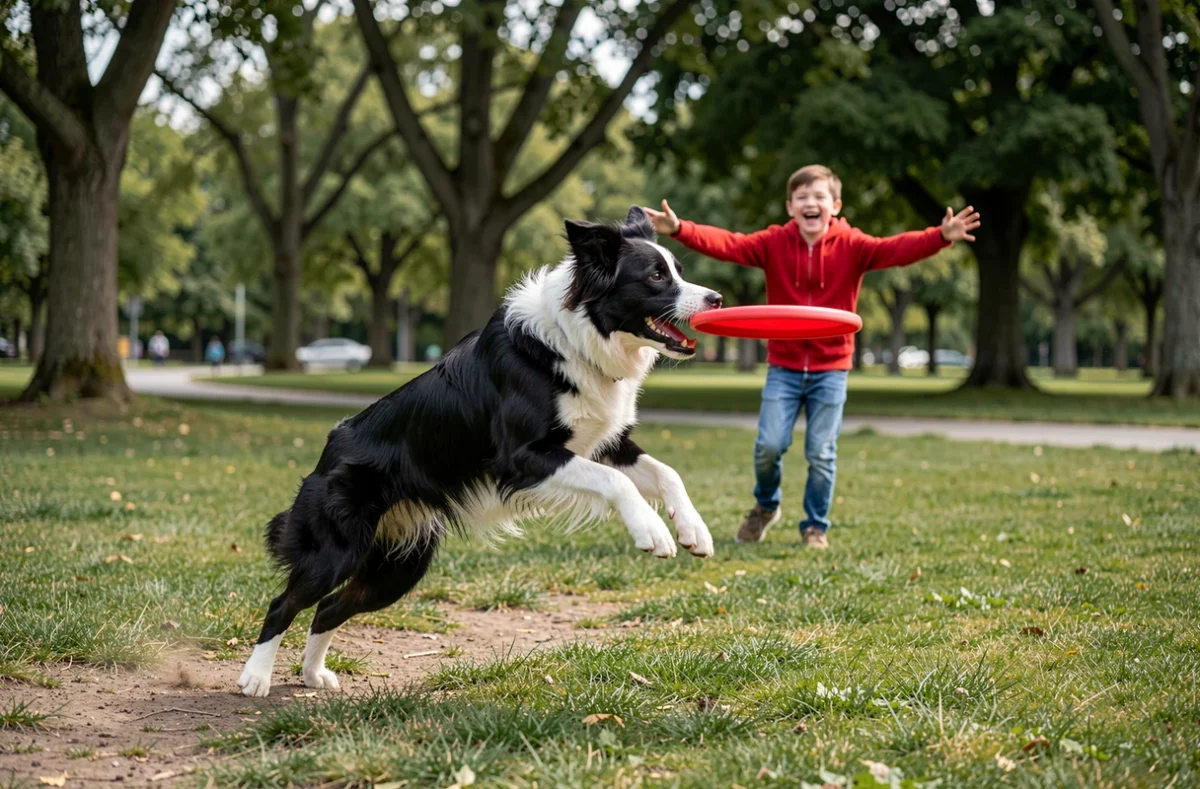 Border Collie poil ras en plein saut attrapant un frisbee avec un enfant dans un parc