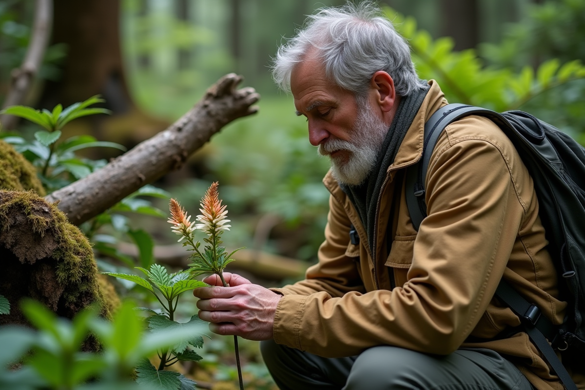 Botaniste homme examinant une plante dans la forêt