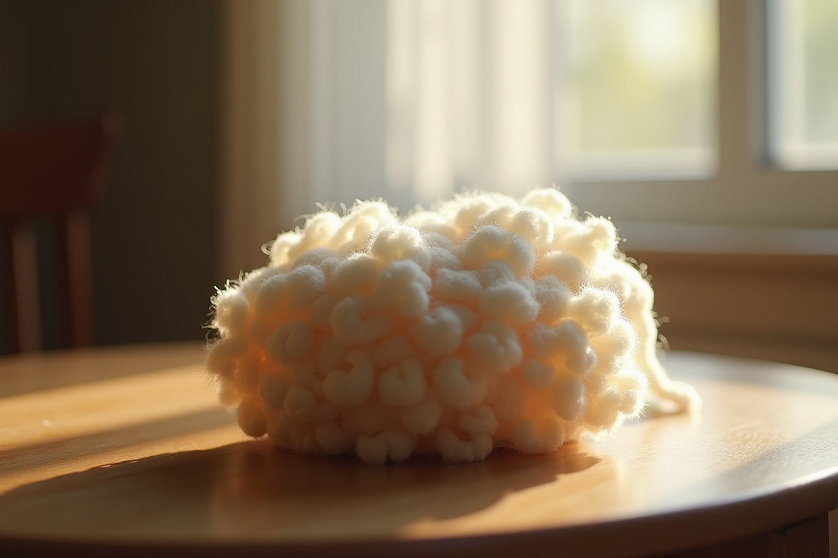 Boule de chenille en laine sur table en bois