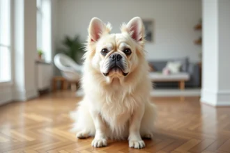 Bouledogue français à poil long avec fourrure crème soyeuse assis dans un appartement moderne, vue portrait au niveau du sol