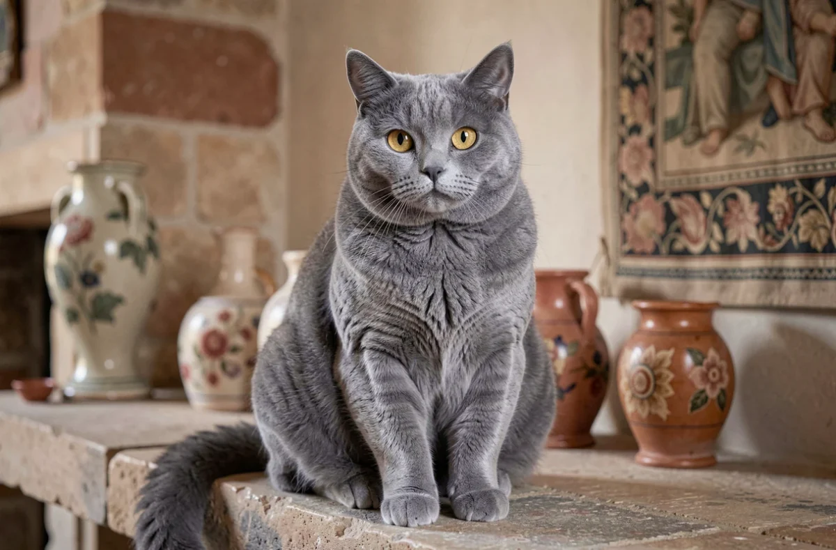 Chat British Shorthair bleu au regard ambré et à la fourrure dense assise sur un manteau de cheminée en pierre dans un intérieur traditionnel bas-rhinois, posture calme et dignité de la race bien visible