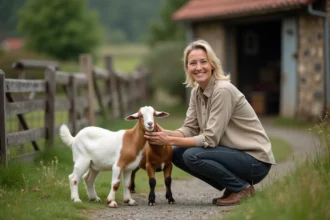 Femme avec des chèvres naines dans un cadre de ferme rurale — image principale de l'article sur le budget chèvre naine