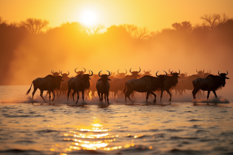 Herde de wildebeests traversant une rivière au lever du soleil