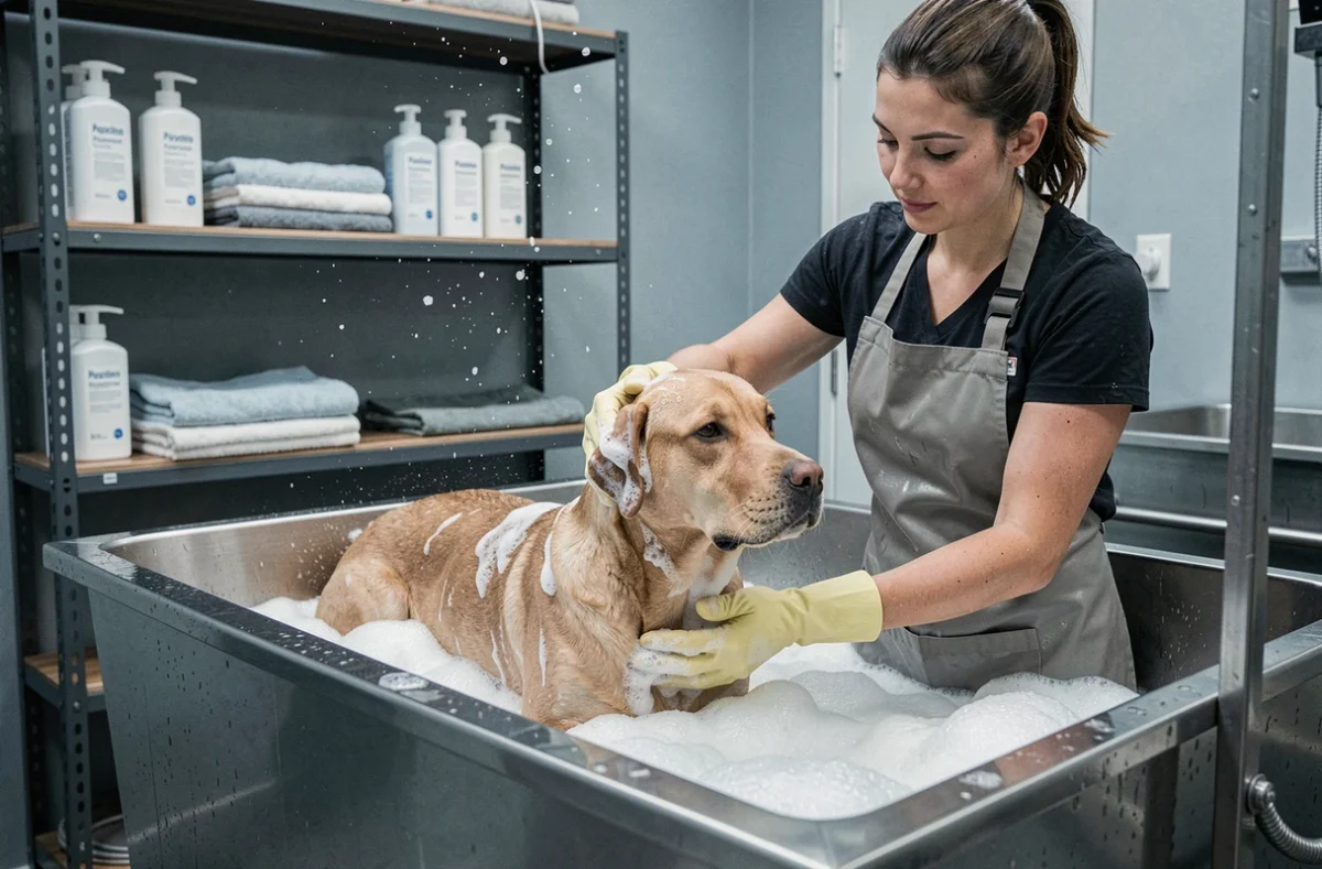 Bulles Dogs Toilettage, bain moussant d'un labrador dans un salon de toilettage moderne