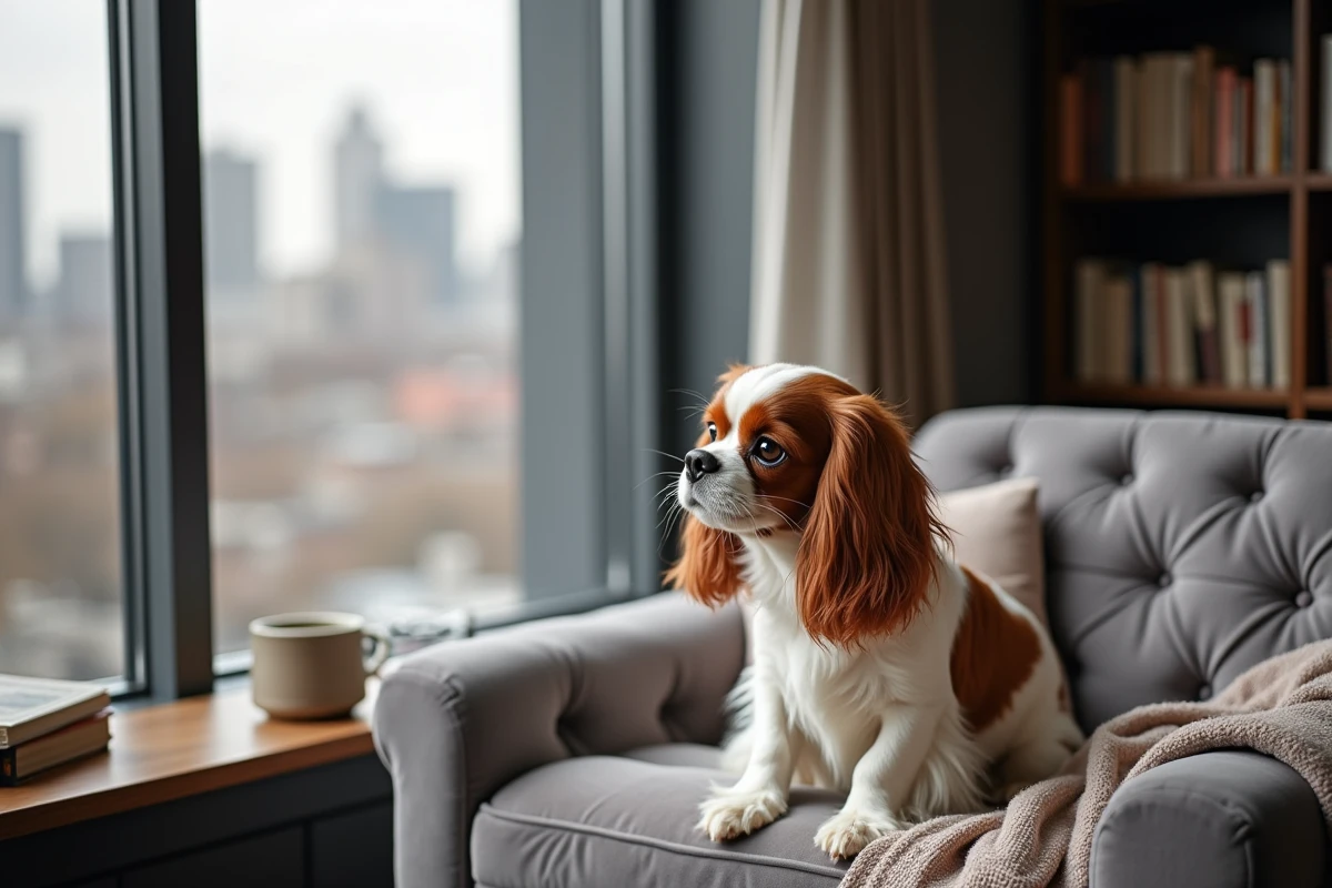 Cavalier King Charles Spaniel assis sur un canapé près d'une fenêtre avec vue sur les toits de la ville, chien d'appartement urbain