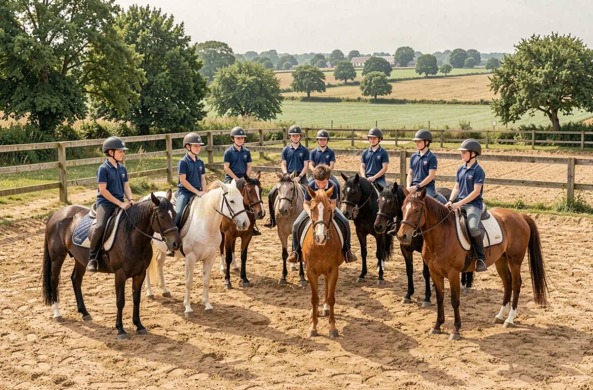 Un groupe de jeunes cavaliers en polo de club réunis en cercle sur leurs chevaux dans l'arène du centre équestre de Craon en Mayenne