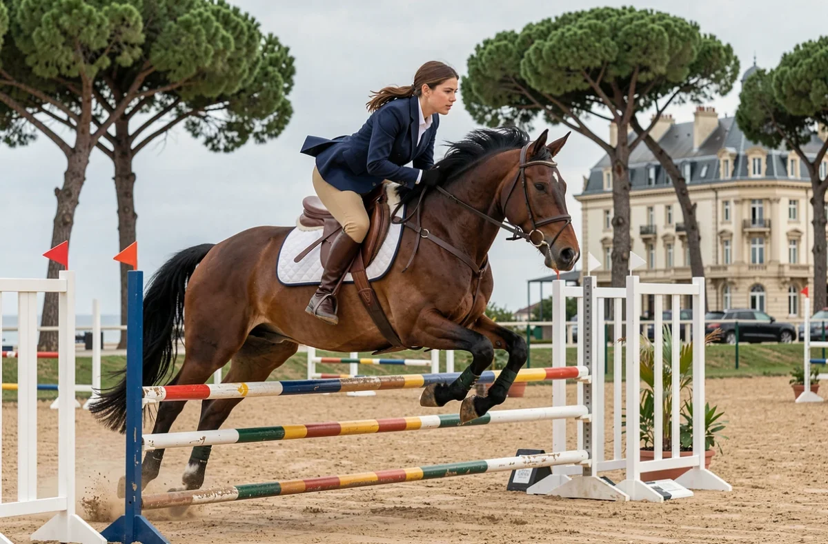 Une cavalière en veste bleu marine sautant un obstacle oxer sur un cheval bai au centre équestre de La Baule