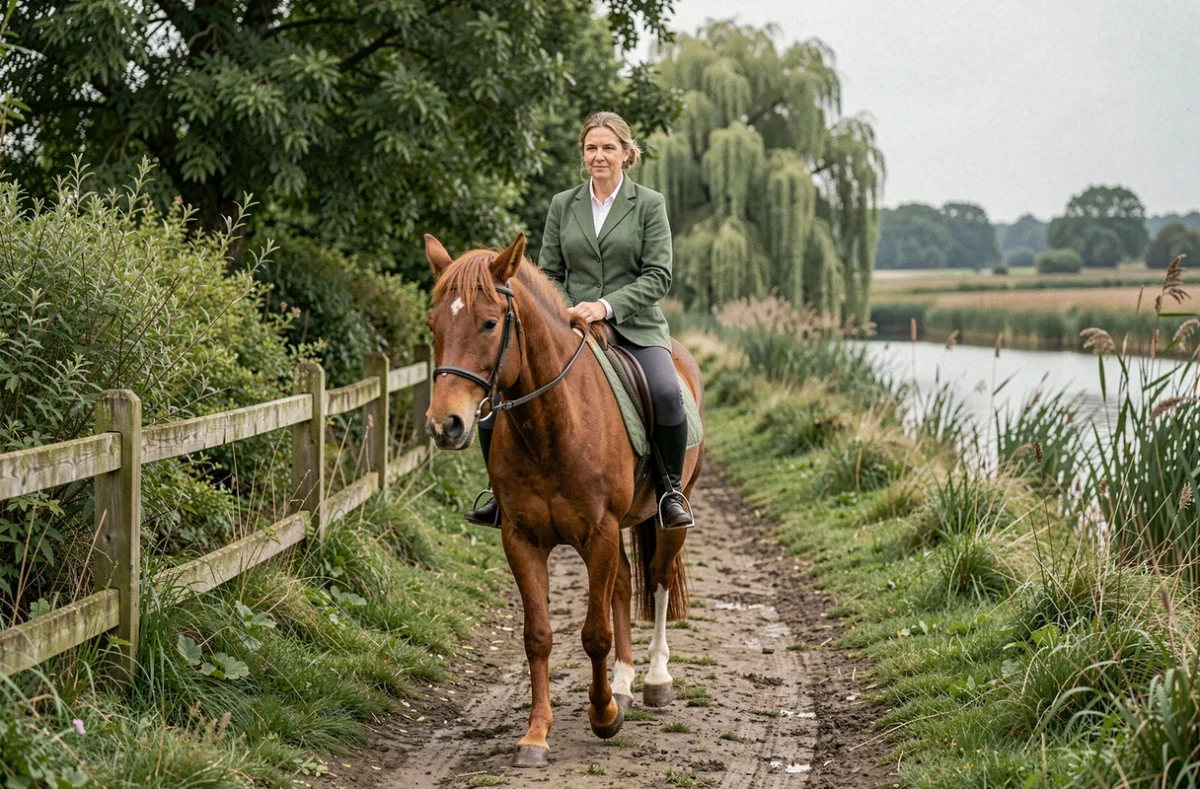 Une cavalière en veste verte guidant un poney dun sur un sentier ombragé dans les marais près de Saint-Molf au Centre Equestre La Champagne