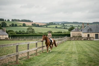 Un cavalier sur un cheval alezan trottant le long d'un paddock dans la campagne verdoyante des Pays de la Loire