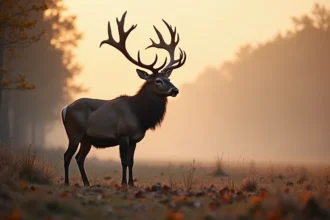 Cerf élaphe brame à l'aube dans une clairière forestière brumeuse en automne