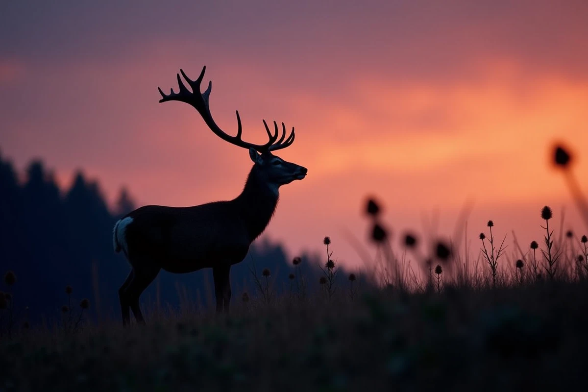 Cerf mâle qui brame au crépuscule sur une colline avec ciel orangé