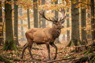 Cerf élaphe mâle avec ses grands bois en forêt de feuillus en automne, traces et habitat naturel visibles au sol